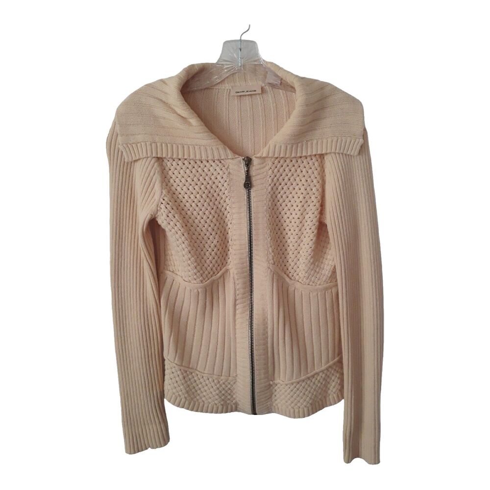 DKNY Jeans Cable Knit Shawl Neck Cardigan Sweater Women Small Cream Full Zip